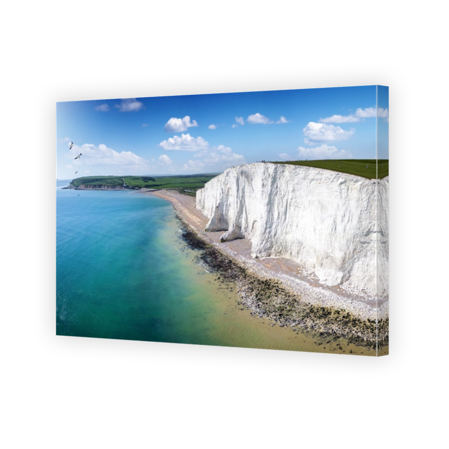 Panoramic aerial drone view of the famous Seven Sisters Chalk cliffs