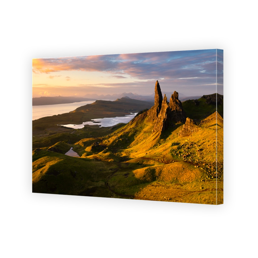 Beautiful golden sunrise at The Old Man of Storr, Isle of Skye, Scotland, UK.