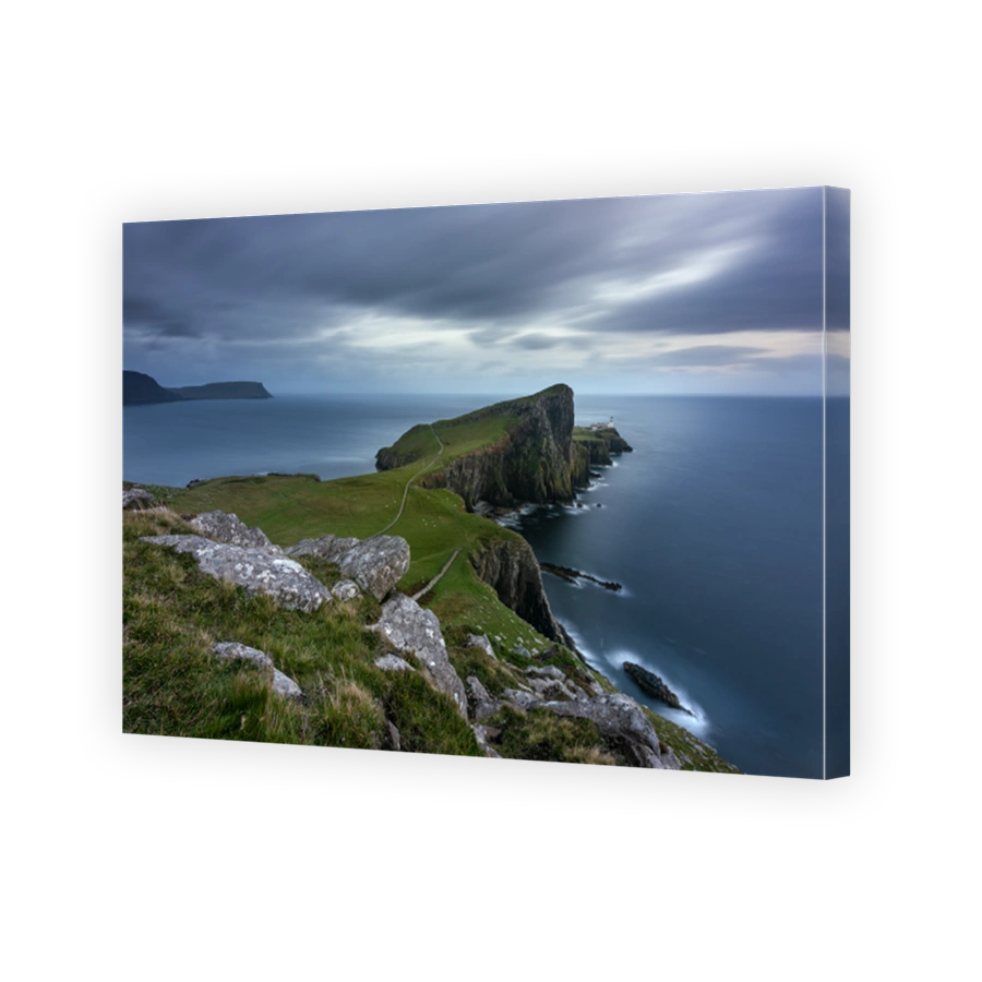 Dark and moody storm clouds over Neist Point lighthouse on the Isle of Skye.