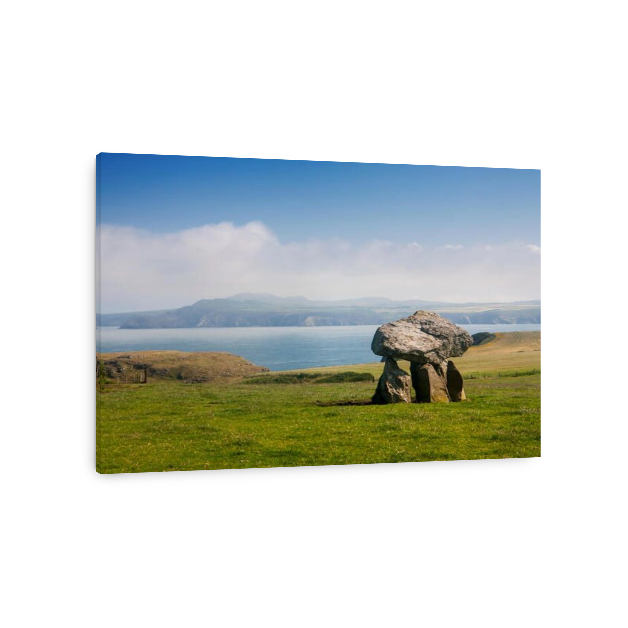 Carreg Samson Chambered burial tomb cromlech or dolmen with coastline in background Near Abercastle Penbrokeshire Wales UK