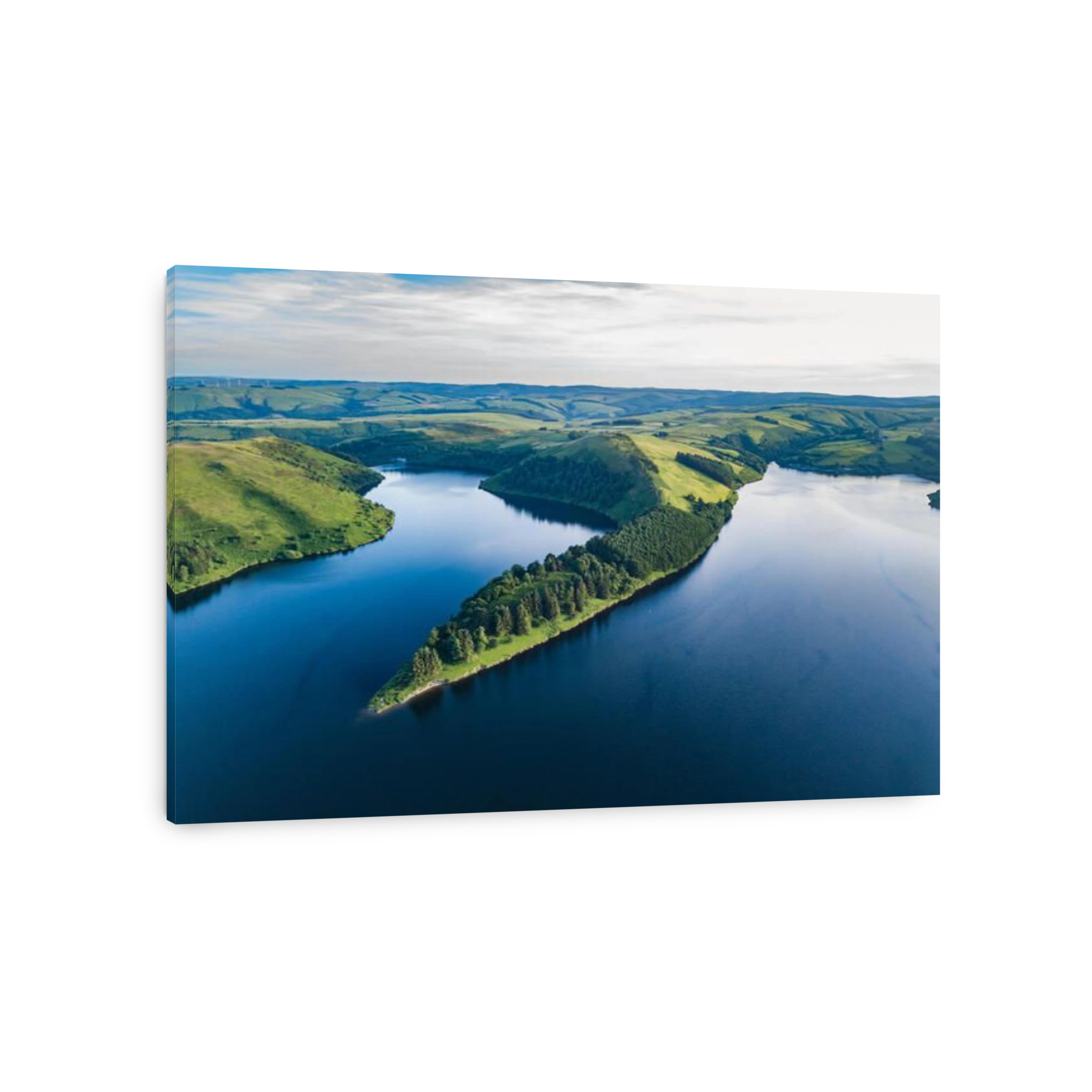An aerial landscape of the lake near the Llyn Clywedog Dam, Llanidloes, Wales, UK