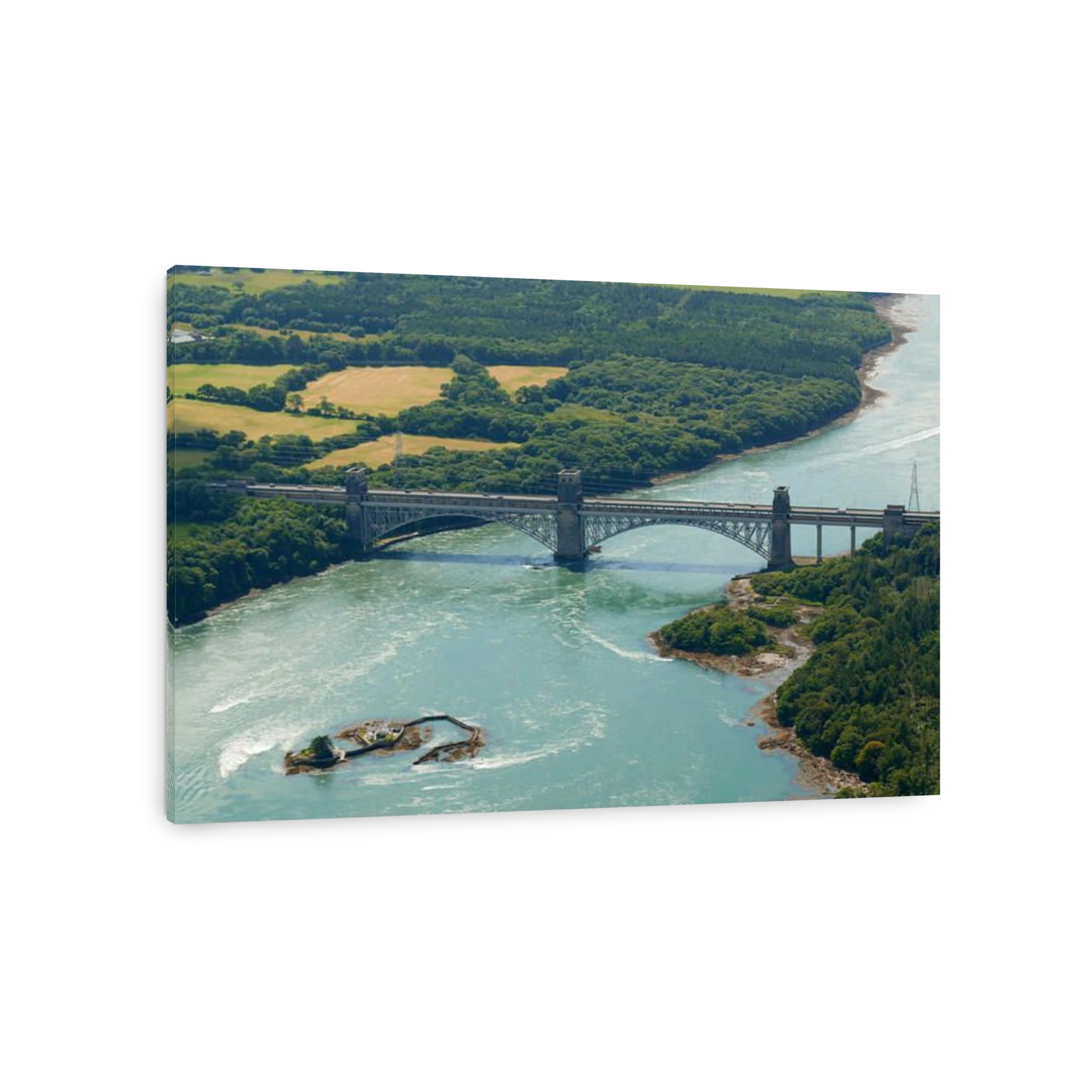 The Menai Straight and Britannia Bridge, separating Anglesey from the Welsh mainland, North Wales, UK