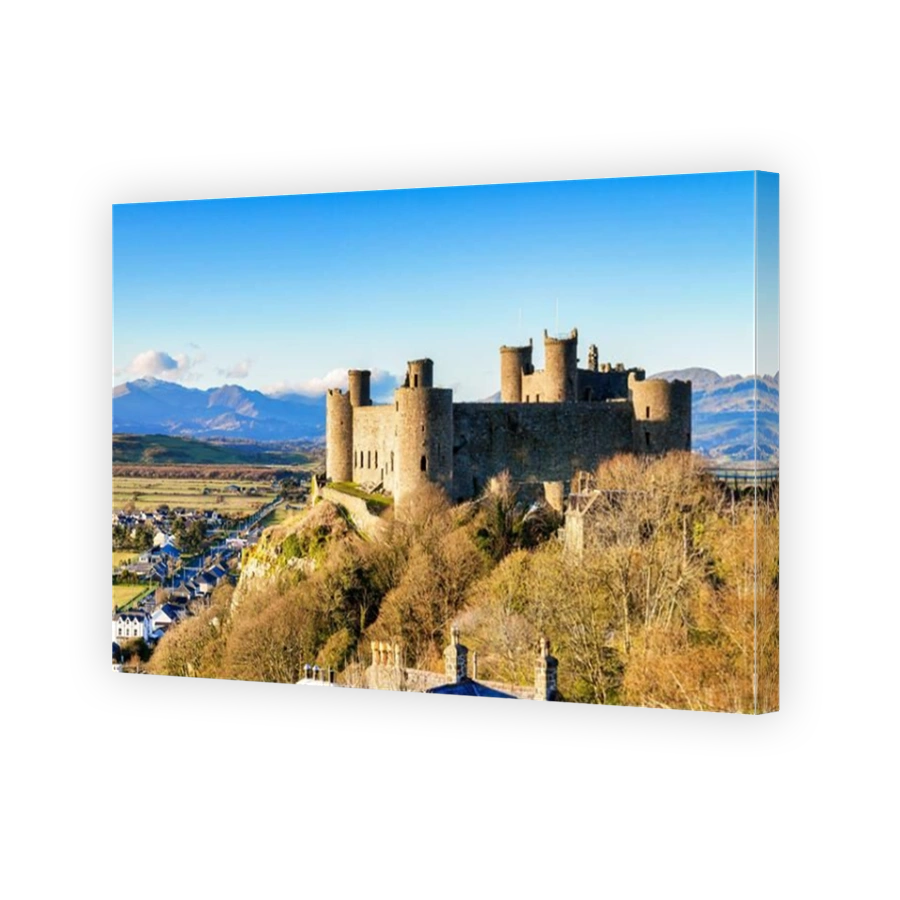 14 April 2023: Harlech, Gwynedd, Wales - Harlech Castle in its commanding position overlooking the surrounding countryside.