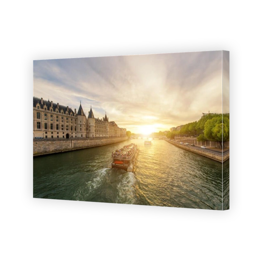 Boat tour on Seine river with sunset in Paris, France