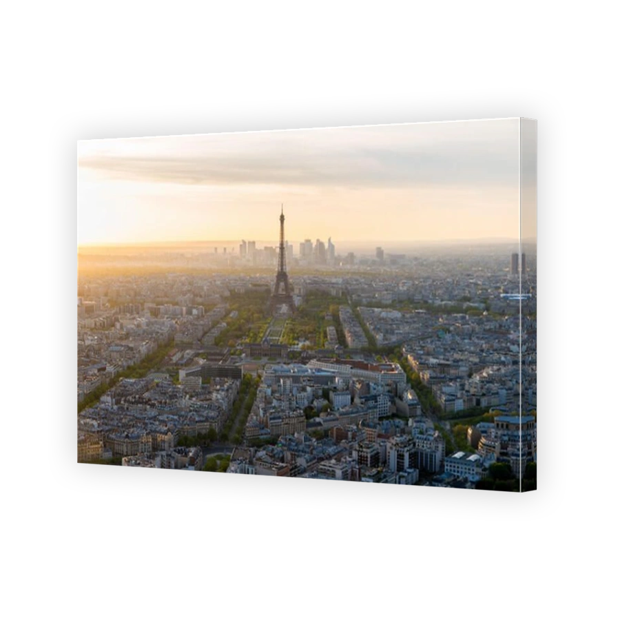 Aerial view of Paris and Eiffel tower at sunset in Paris, France.