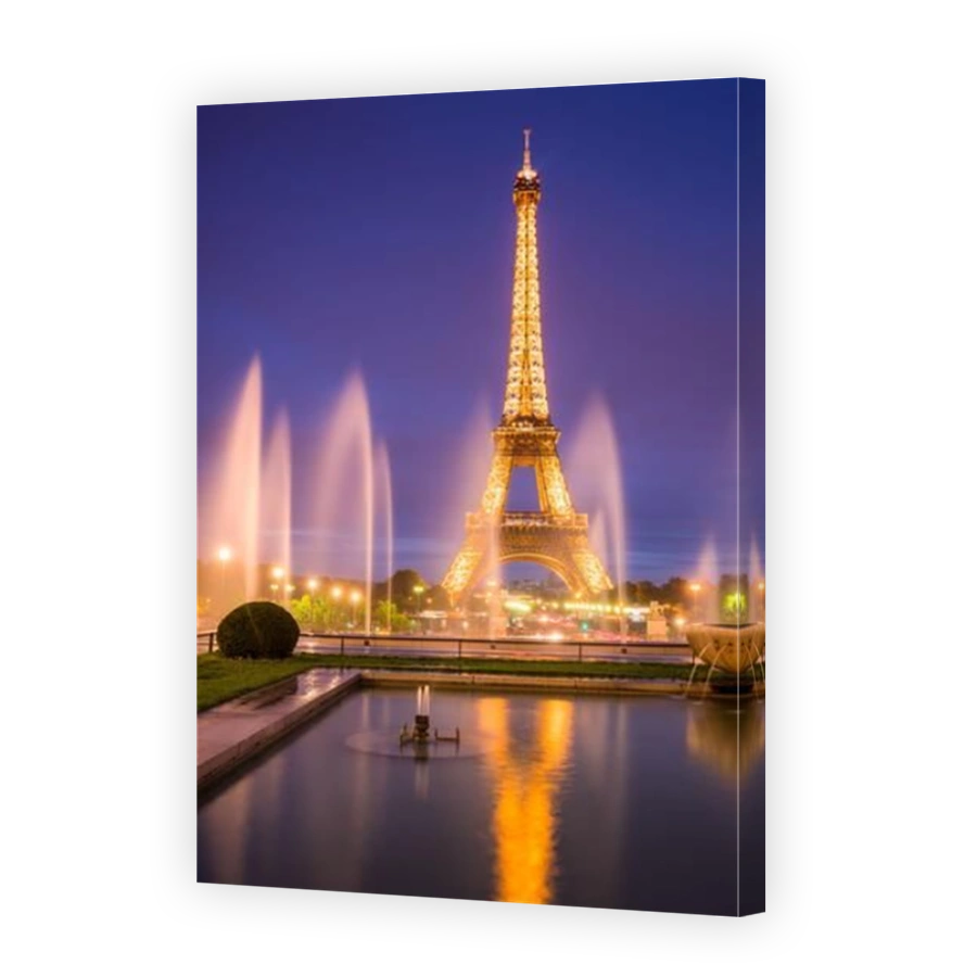 The Eiffel Tower illuminated at night with the fountains of the Trocadero. Champs-de-Mars, Paris (75)