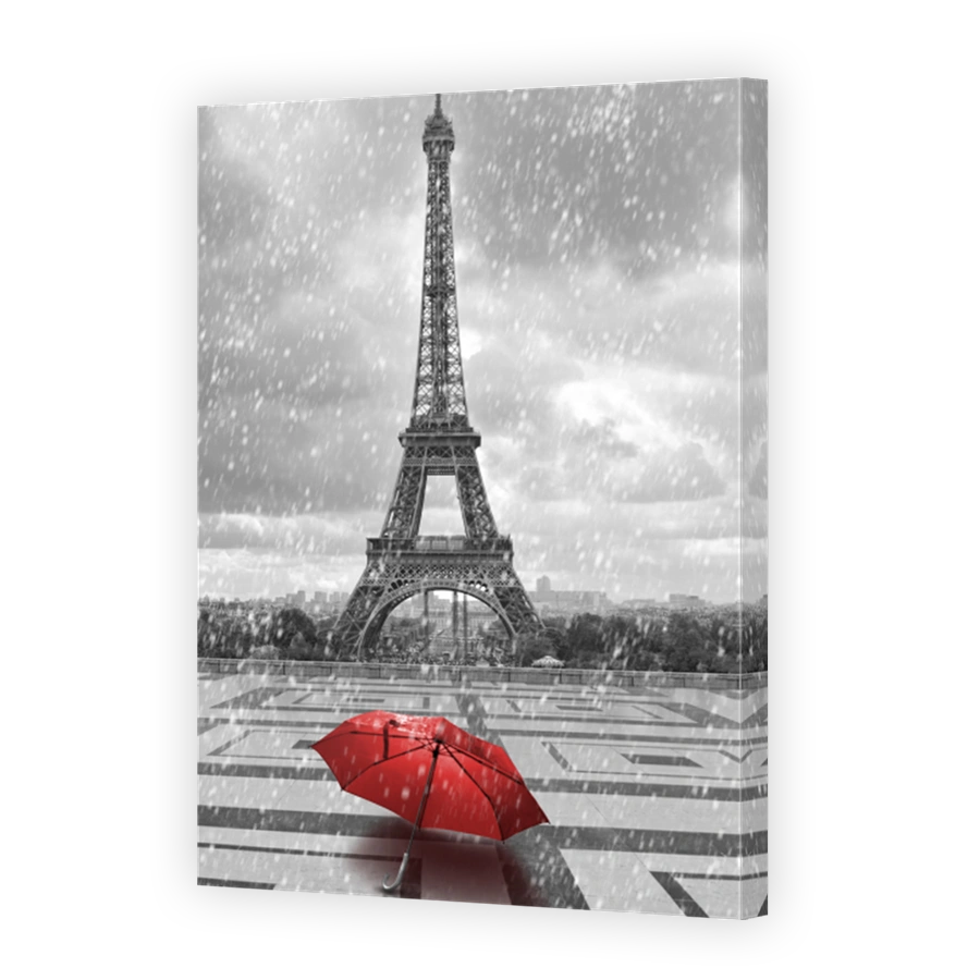 Eiffel tower in rain. Black white photo with red element
