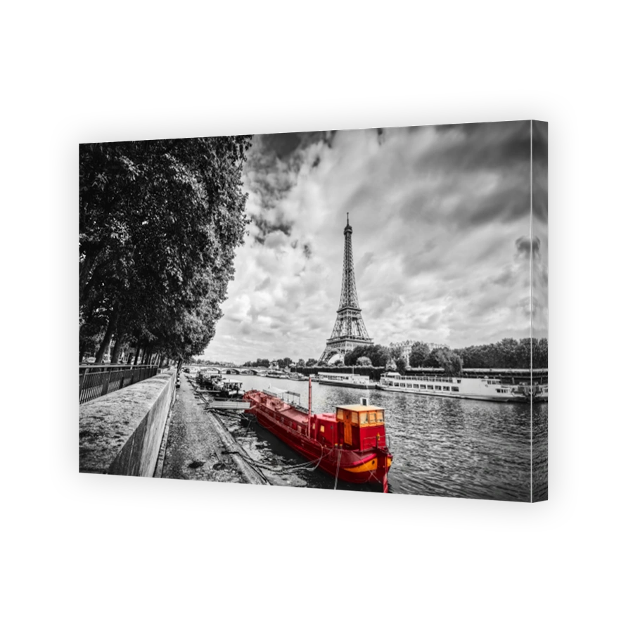 Eiffel Tower over Seine river in Paris, France. Vintage