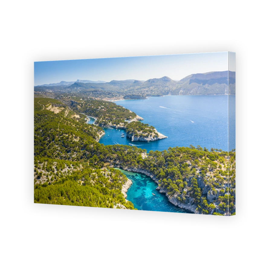 Panoramic view of Calanques National Park near Cassis fishing village, Provence, South France, Europe, Mediterranean sea