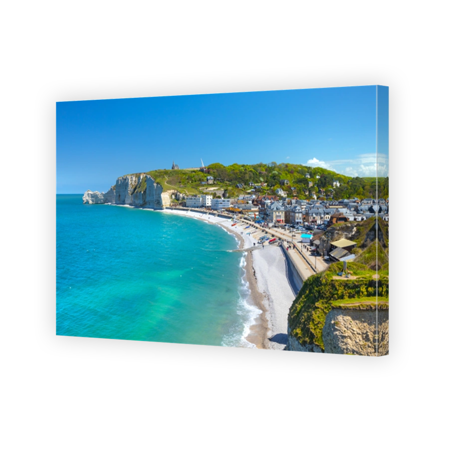 Picturesque panoramic landscape on the cliffs of Etretat. Natural amazing cliffs. Etretat, Normandy, France, La Manche or English Channel. Coast of the Pays de Caux area in sunny summer day. France
