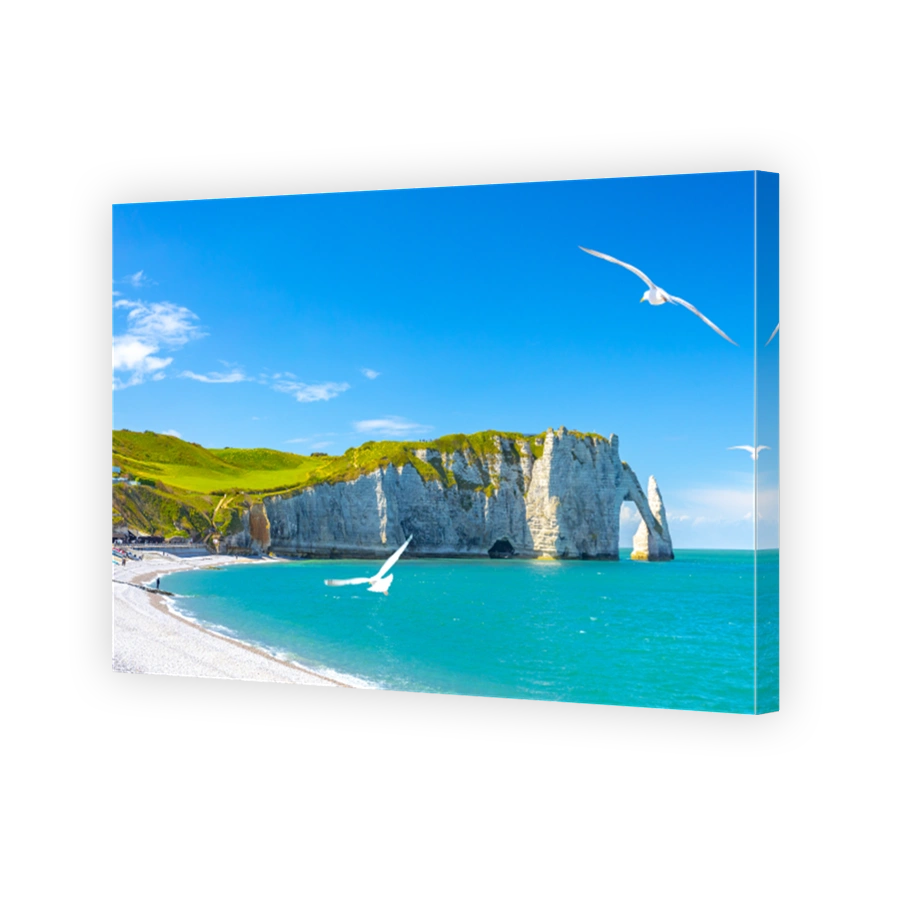 Picturesque panoramic landscape on the cliffs of Etretat. Natural amazing cliffs. Etretat, Normandy, France, La Manche or English Channel. Coast of the Pays de Caux area in sunny summer day. France
