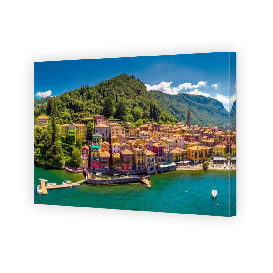 Aerial view of Varena old town on Lake Como with the mountains in the background, Italy, Europe.