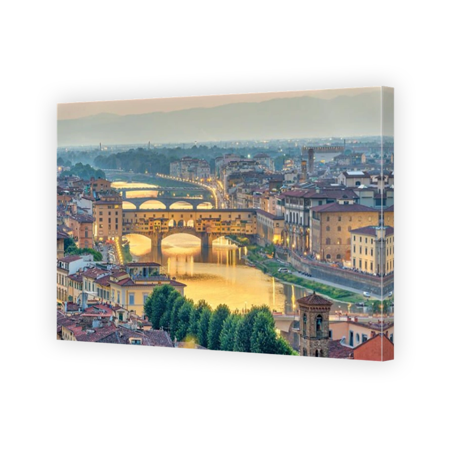 Florence sunset city skyline and Ponte Vecchio Bridge, Florence, Italy