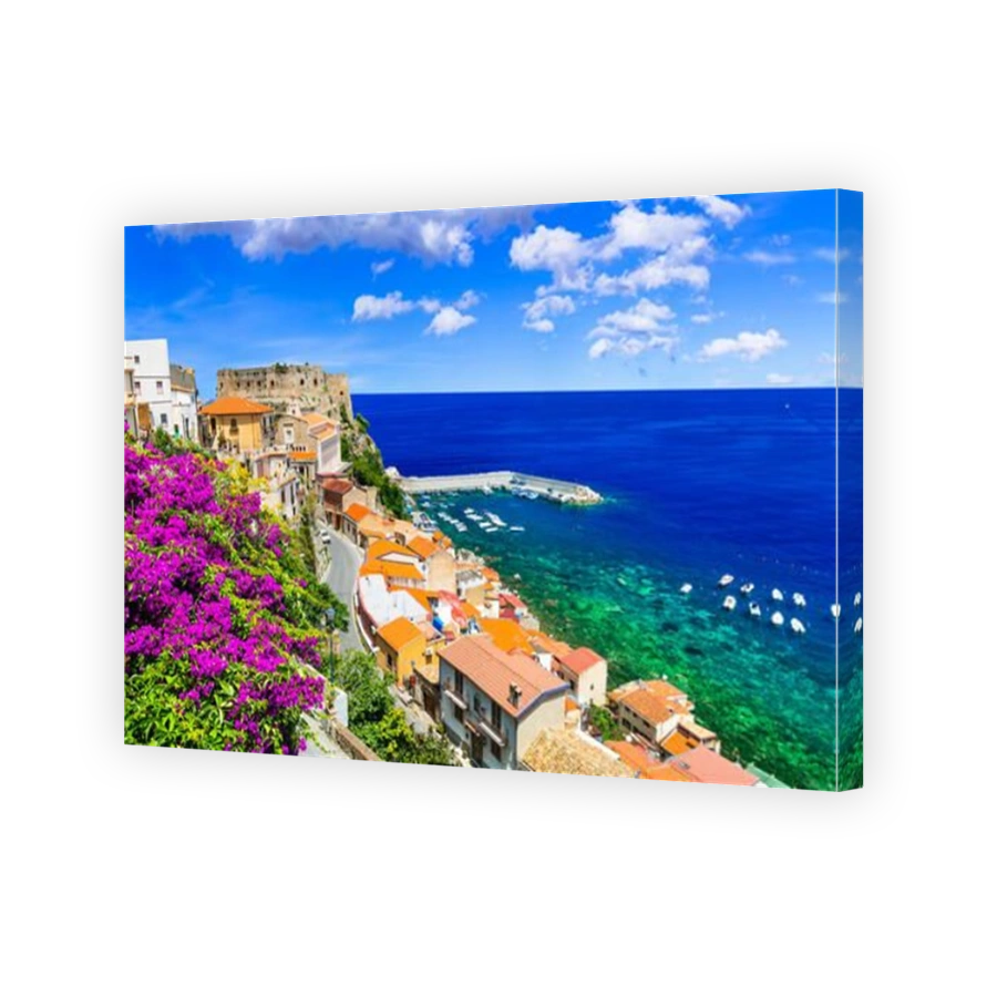 Beautiful Scilla village,view with medieval castle and sea,Calabria,Italy.