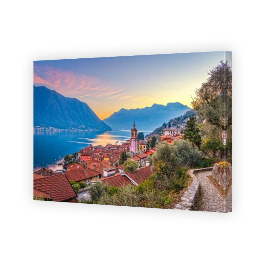 Sala Comacina, Como, Italy town view on Lake Como at dusk.