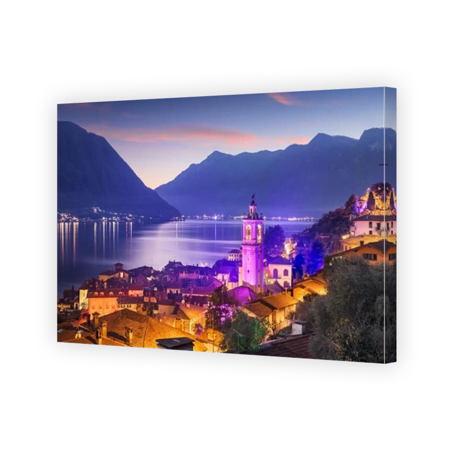 Sala Comacina, Como, Italy small town on Lake Como at dusk.