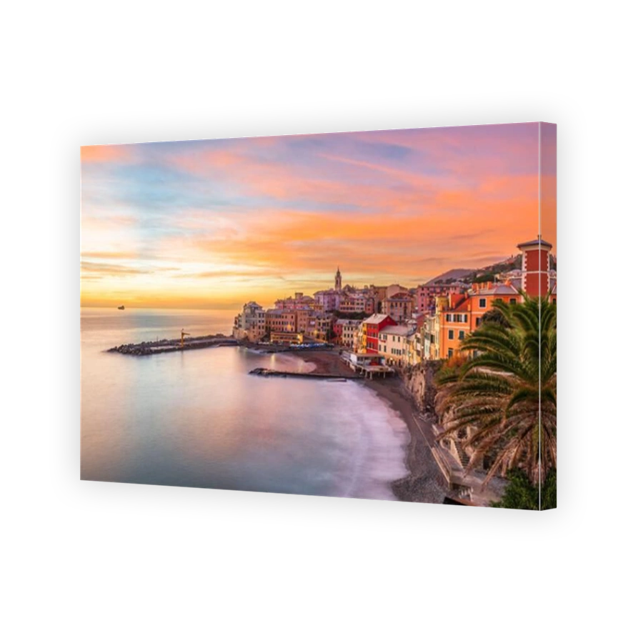 Bogliasco, Genoa, Italy town skyline on the Mediterranean sea at sunset.