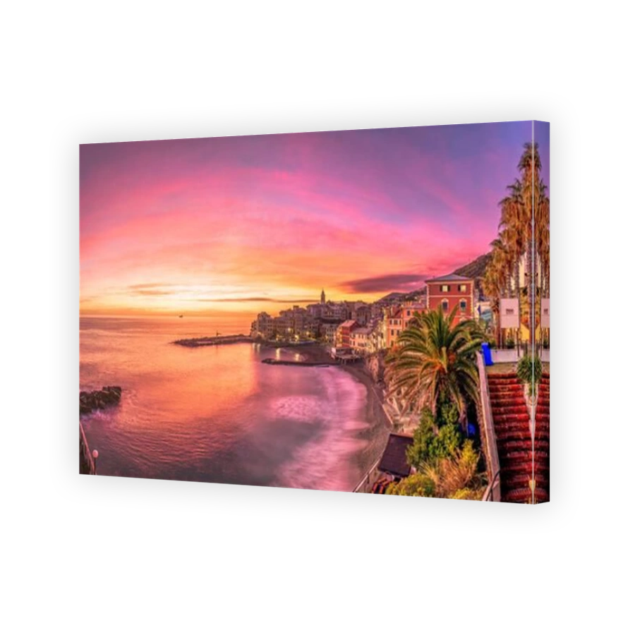 Bogliasco, Genoa, Italy skyline on the Mediterranean sea at sunset.