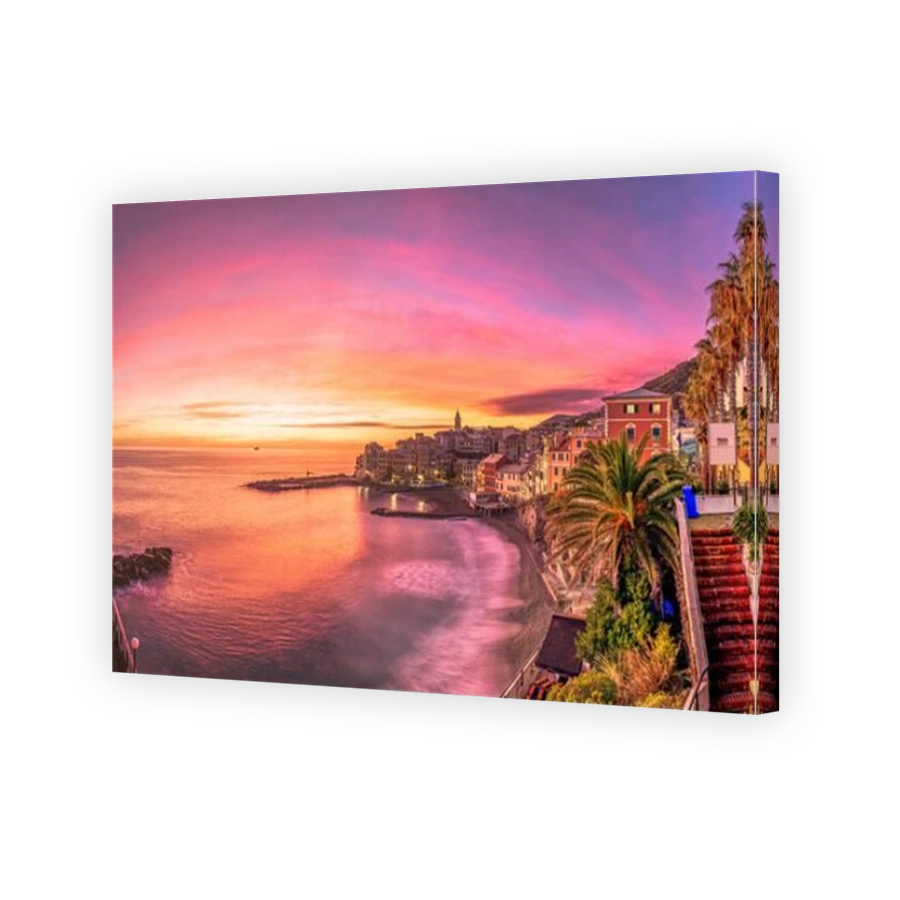 Bogliasco, Genoa, Italy skyline on the Mediterranean sea at sunset.