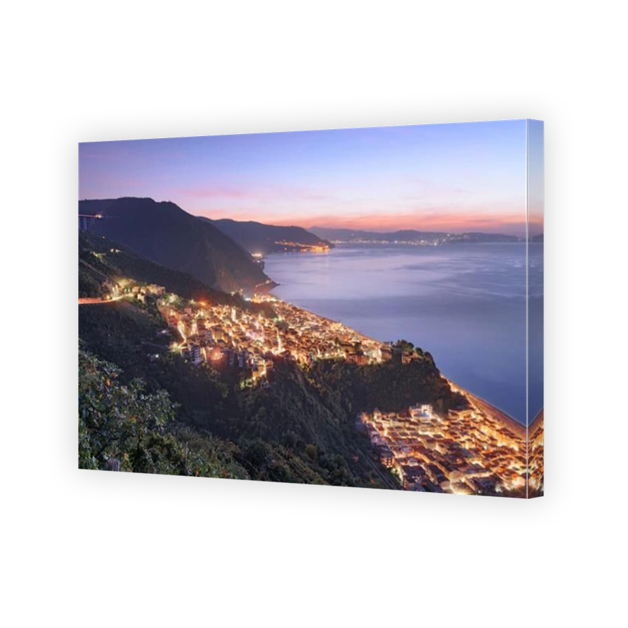 Bagnara Calabra, Italy cityscape overlooking the Tyrrhenian Sea at sunset.