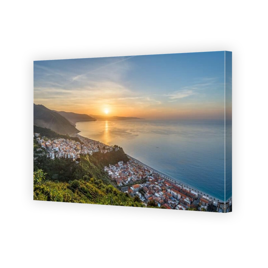Bagnara Calabra, Italy cityscape overlooking the Tyrrhenian Sea at sunset.