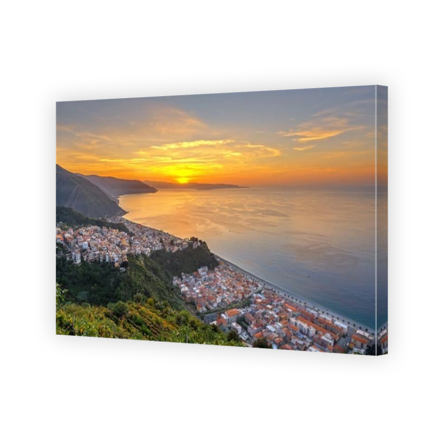 Bagnara Calabra, Italy cityscape overlooking the Tyrrhenian Sea at sunset.