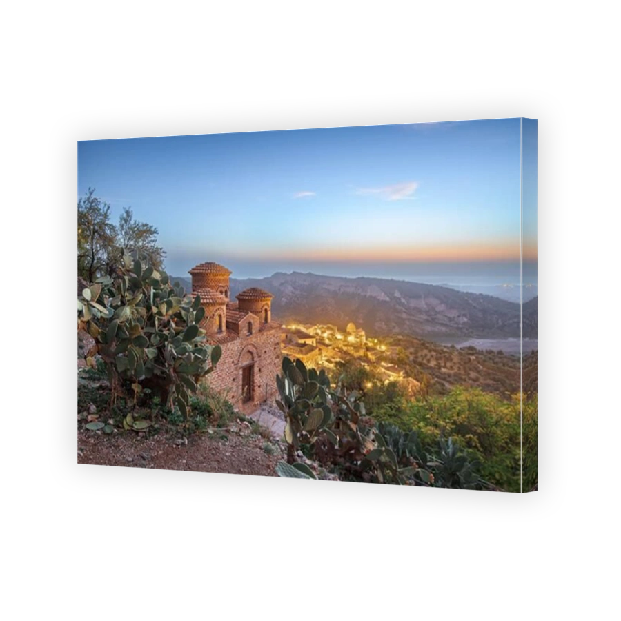Stilo, Italy with the Byzantine Church at dusk.