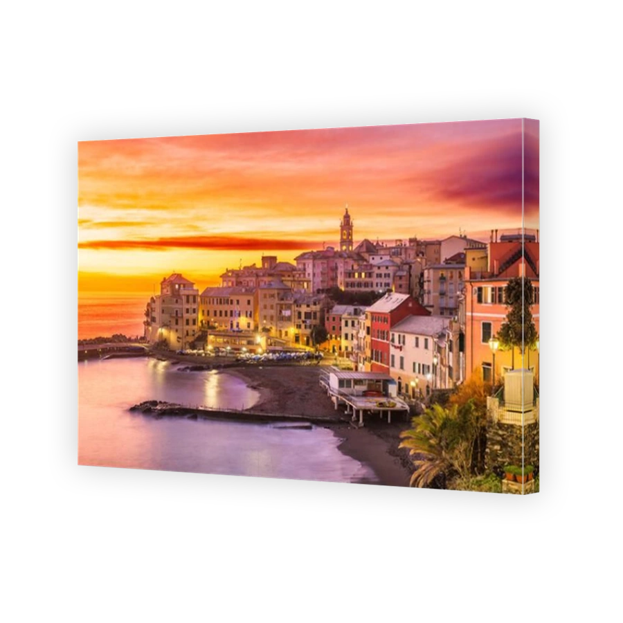 Bogliasco, Genoa, Italy town skyline on the Mediterranean sea at sunset.