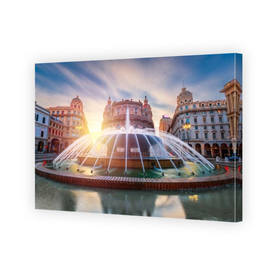 Genoa, Italy at the piazza and fountain in the morning.