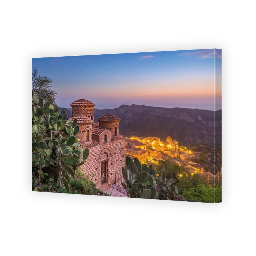 Stilo, Italy with the Byzantine Church at dusk.