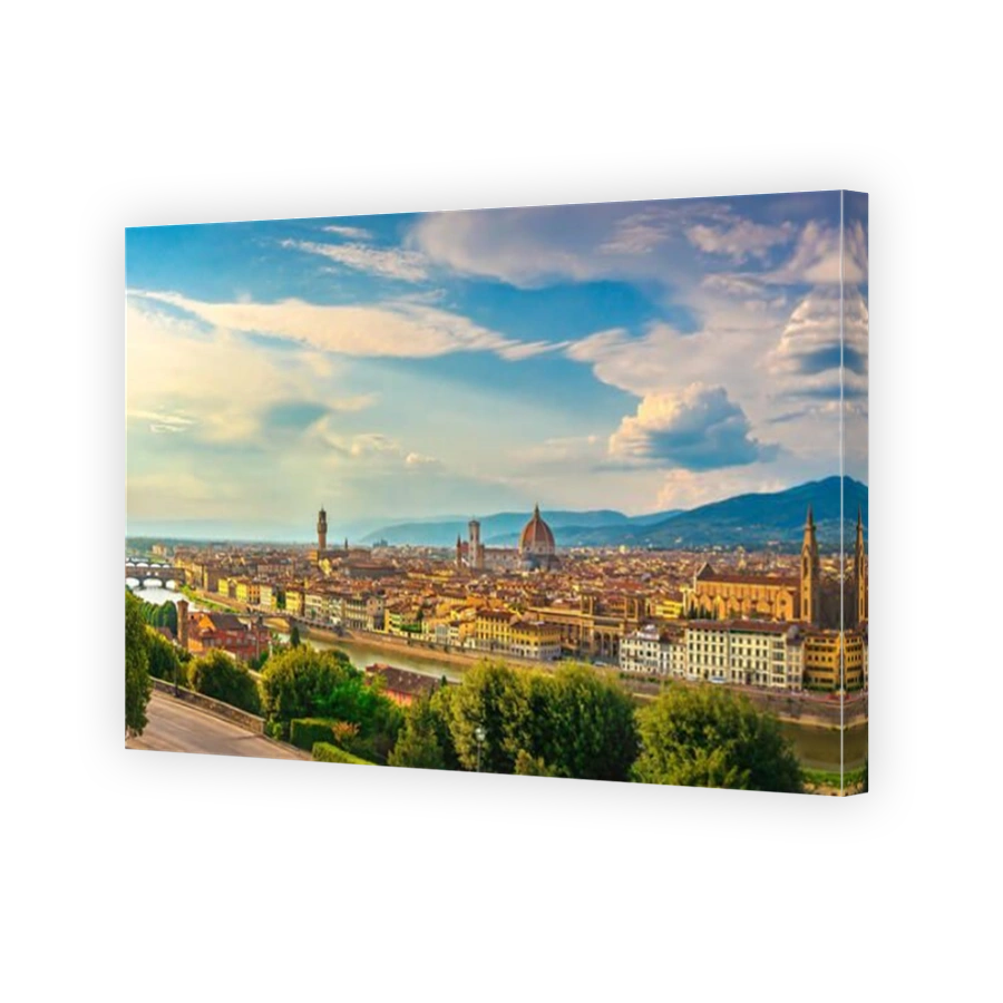 Florence or Firenze sunset aerial cityscape. Panorama view from Michelangelo park square. Ponte Vecchio bridge, Palazzo Vecchio and Duomo Cathedral. T