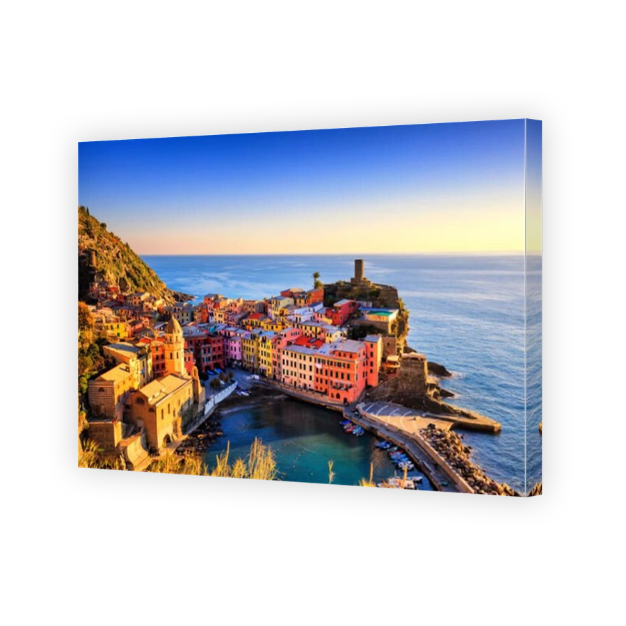 Vernazza village, aerial view on red sunset, Seascape in Five lands, Cinque Terre National Park, Liguria Italy Europe. Long Exposure.