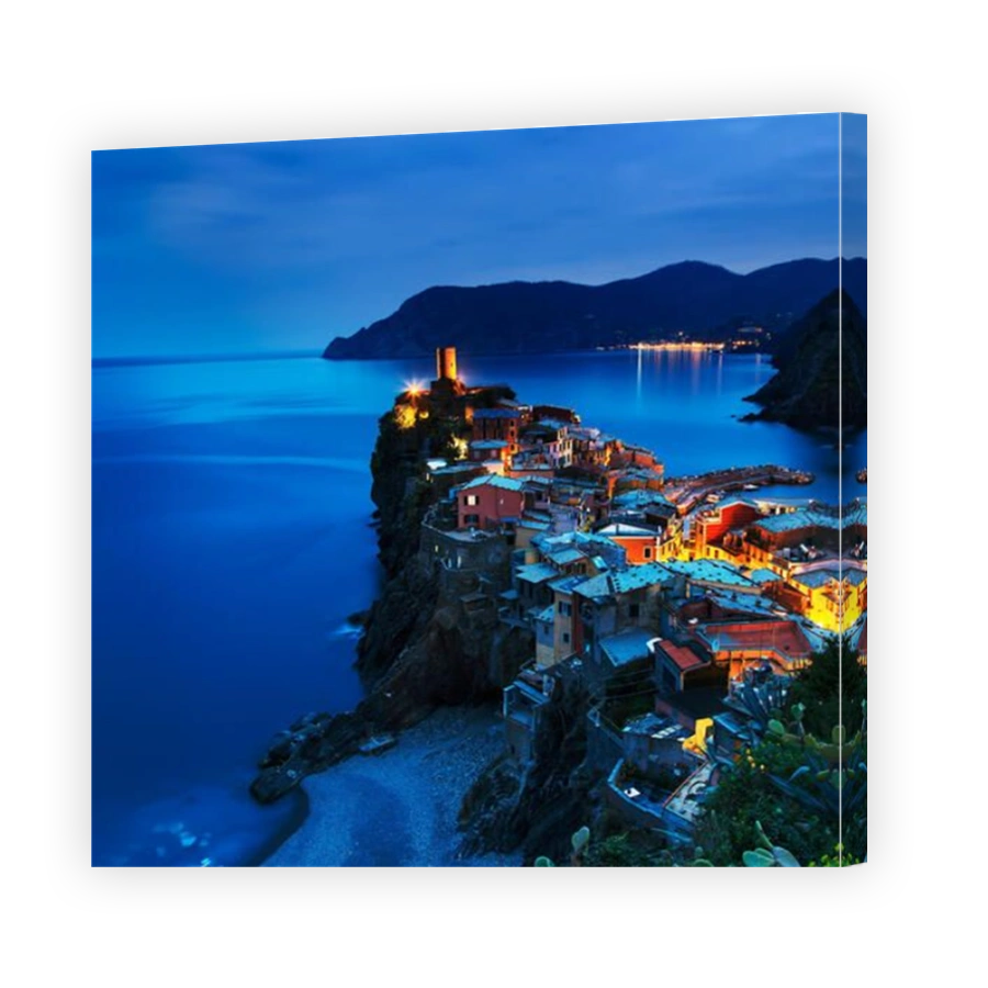 Vernazza village, aerial view on sunset, Seascape in Five lands, Cinque Terre National Park, Liguria Italy Europe. Long Exposure.