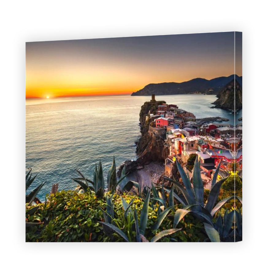 Vernazza village, aerial view on red sunset, Seascape in Five lands, Cinque Terre National Park, Liguria Italy Europe.