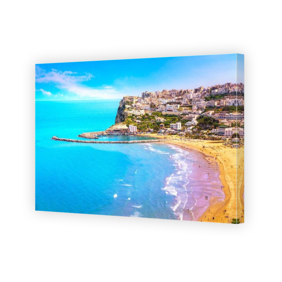 Peschici white village and beach, Gargano peninsula, Apulia, southern Italy, Europe.