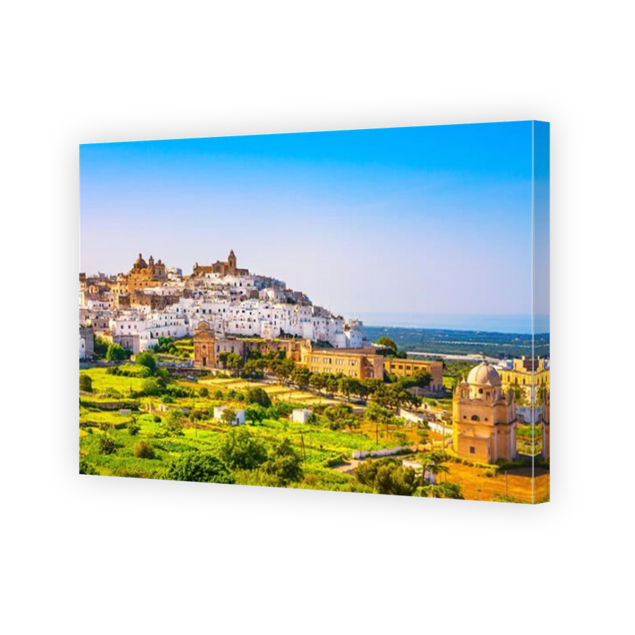 Ostuni white town skyline and Madonna della Grata church, Brindisi, Apulia southern Italy. Europe.
