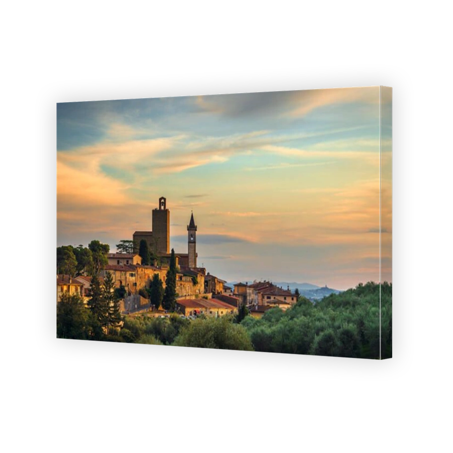 Vinci village, Leonardo birthplace, aerial view and bell tower of the church. Florence, Tuscany Italy Europe