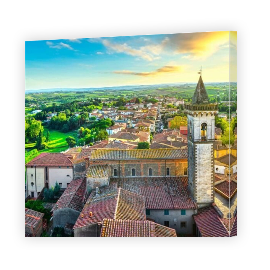 Vinci village, Leonardo birthplace, aerial view and bell tower of the church. Florence, Tuscany Italy Europe