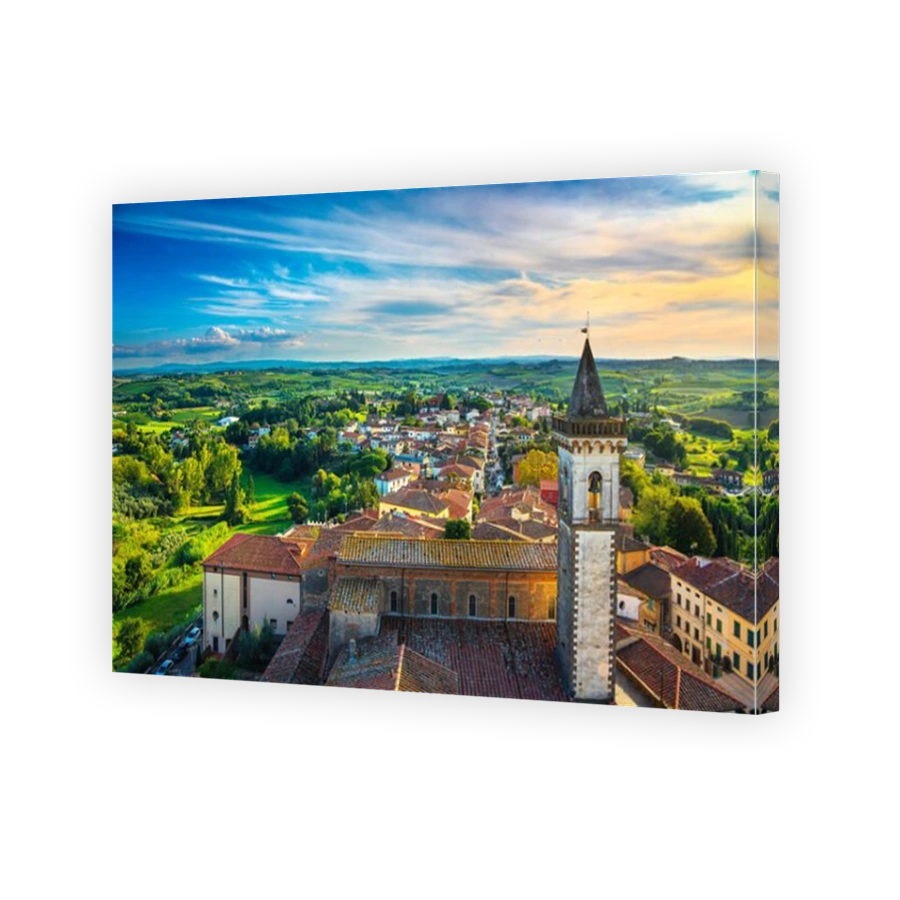 Vinci village, Leonardo birthplace, aerial view and bell tower of the church. Florence, Tuscany Italy Europe