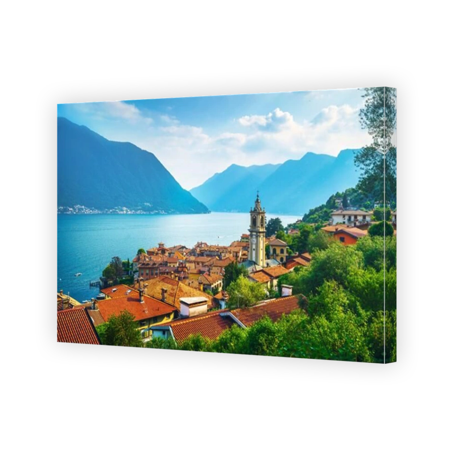 Como Lake, Sala Comacina bell tower from greenway trail. Italy, Europe.