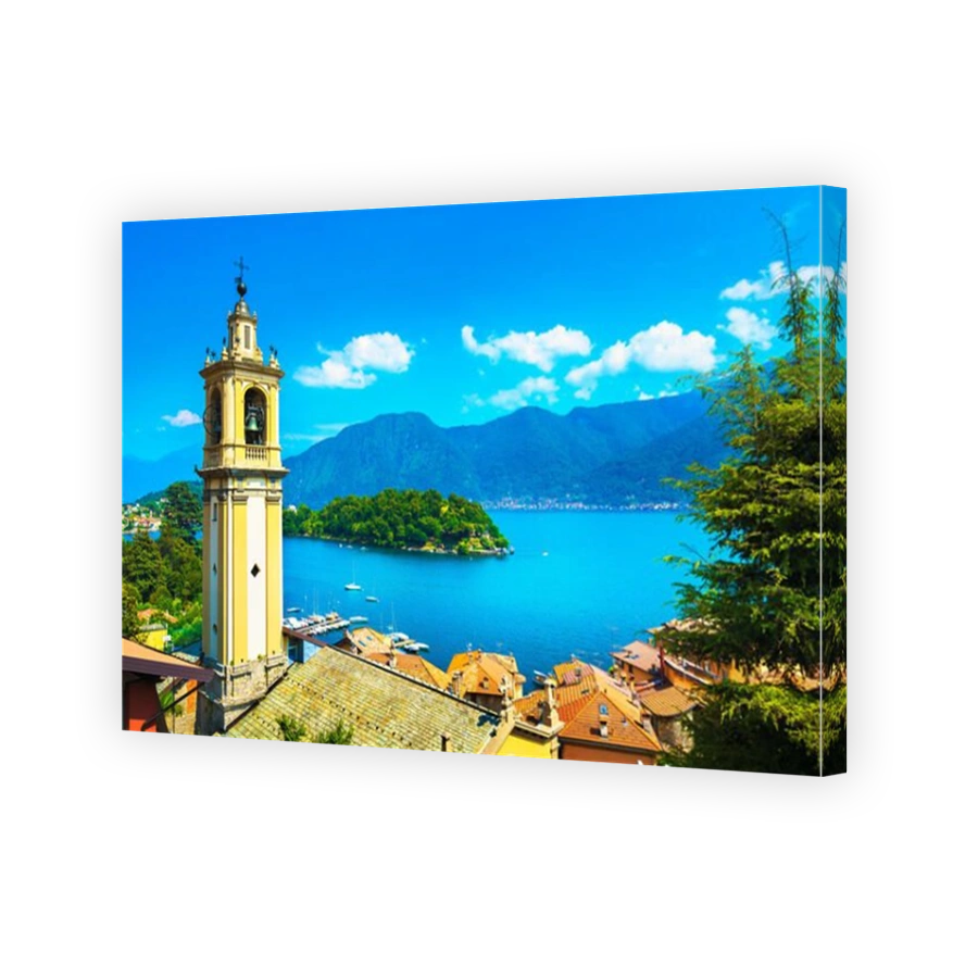 Como Lake, Sala Comacina bell tower from greenway trail. Italy, Europe.
