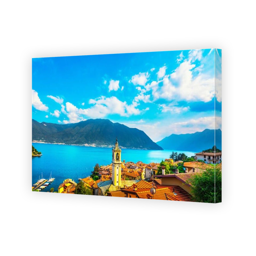 Como Lake, Sala Comacina bell tower from greenway trail. Italy, Europe.