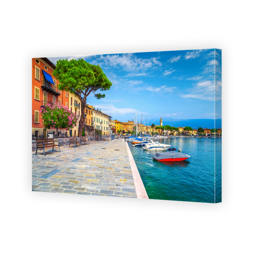 Promenade with colorful mediterranean oleander flowers, Toscolano-Maderno, Italy