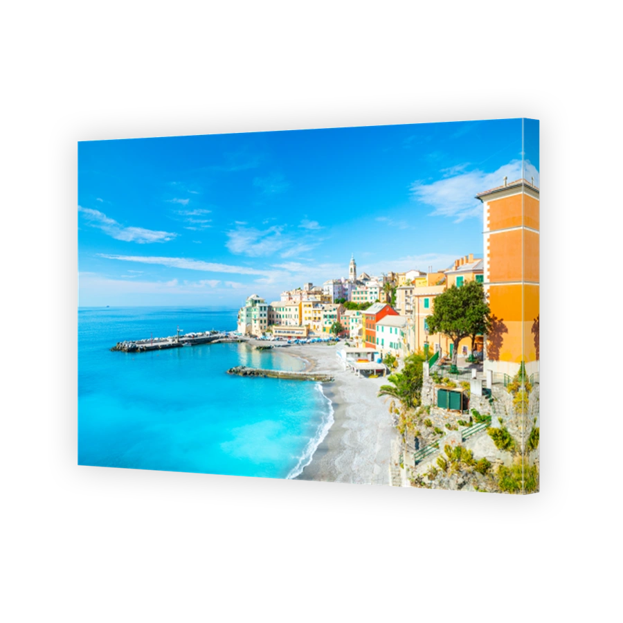 View of Bogliasco. Bogliasco is a ancient fishing village in Italy, Genoa, Liguria. Mediterranean Sea, sandy beach and architecture of Bogliasco town. Liguria, Italy