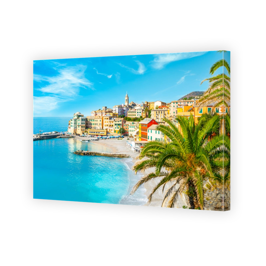 View of Bogliasco. Bogliasco is a ancient fishing village in Italy, Genoa, Liguria. Mediterranean Sea, sandy beach and architecture of Bogliasco town. Liguria, Italy