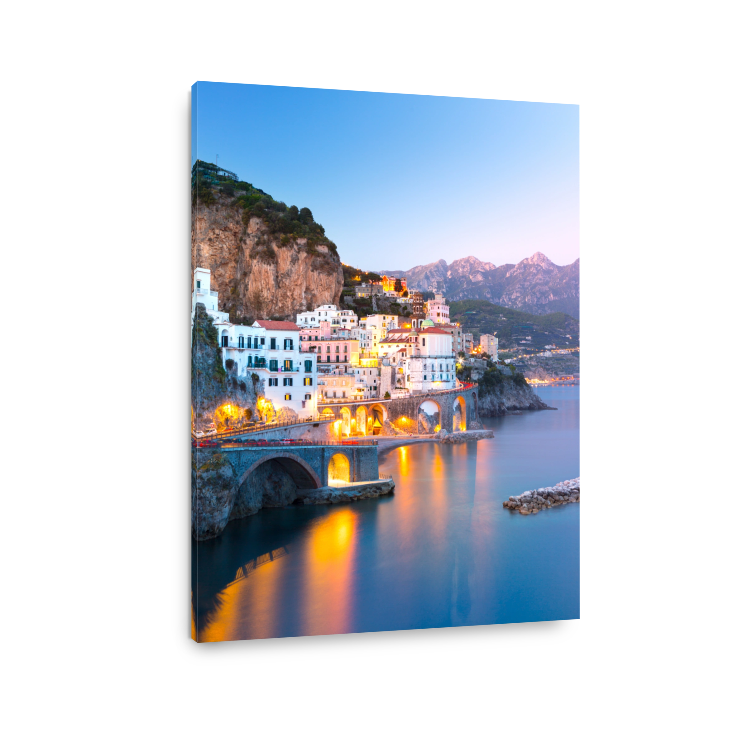 Night view of Amalfi on coast line of mediterranean sea, Italy