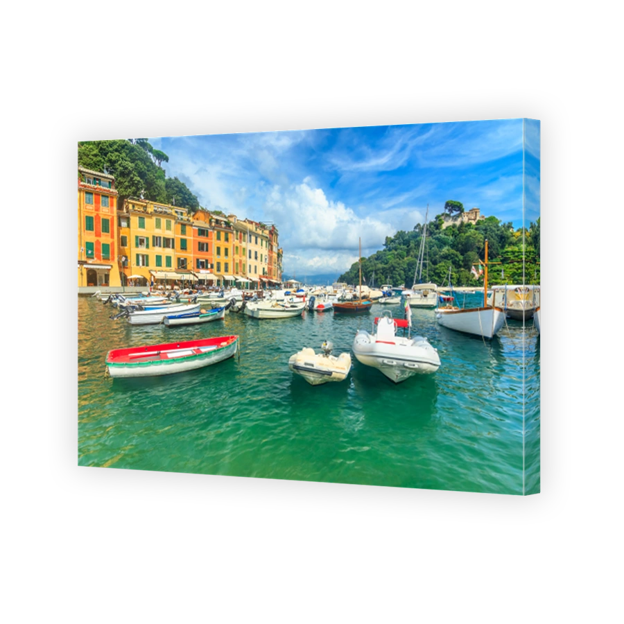 Typical mediterranean buildings,castle and harbor,Portofino,Liguria,Europe