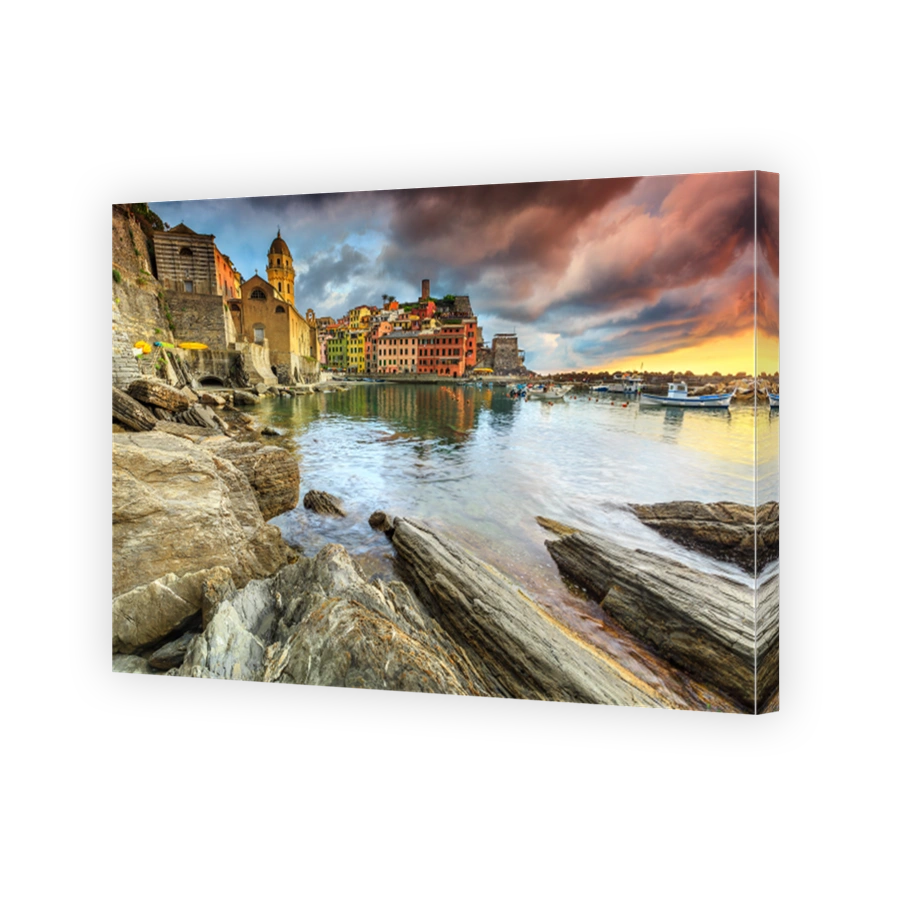 Vernazza village with colorful stunning sunset, Cinque Terre, Italy, Europe