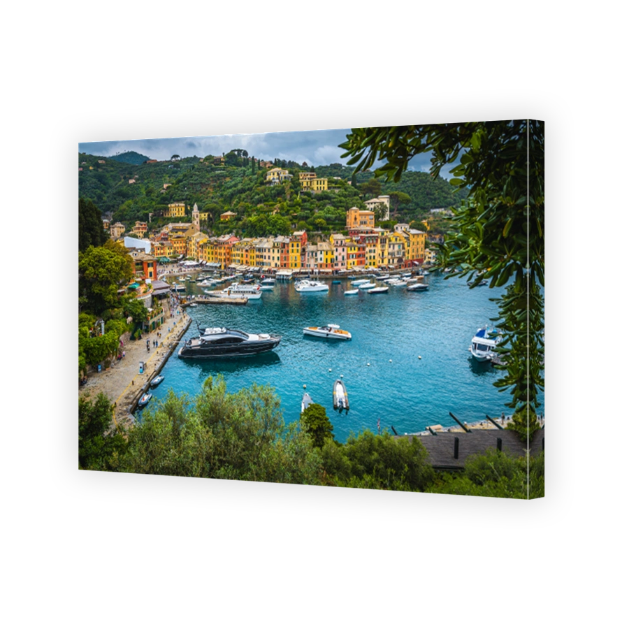 Great cityscape with moored boats and yachts, Portofino, Liguria, Italy