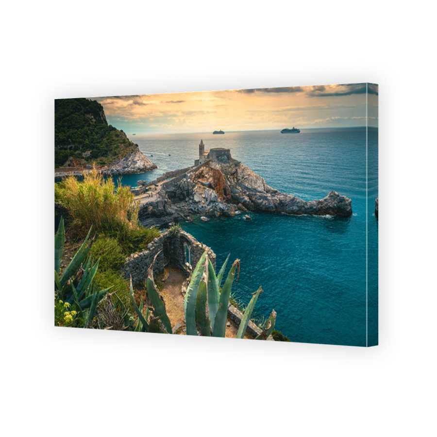 Beautiful view with St Peter church on the cliffs, Porto Venere